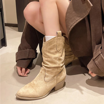 Xajzpa New Style Fashion Women's Mid-calf Boots Women Winter Ethnic Rivet Tassel Boots Woman Suede Pointed Thick Heel Shoes Boots